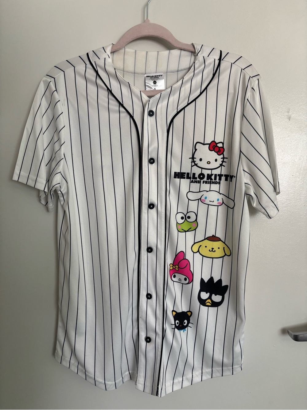 Hello Kitty White Black-Striped Baseball Jersey with Character Prints